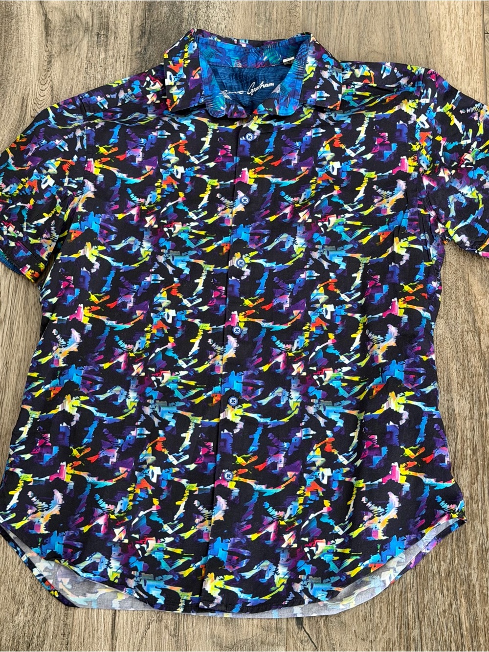Robert Graham Black Short-Sleeve Button-Down with Multicolor Abstract Print